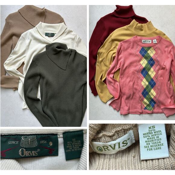 Orvis Women’s Tops XS Mock Turtlenecks Argyle Sweater Classic Prep Basic Wool - Picture 1 of 15